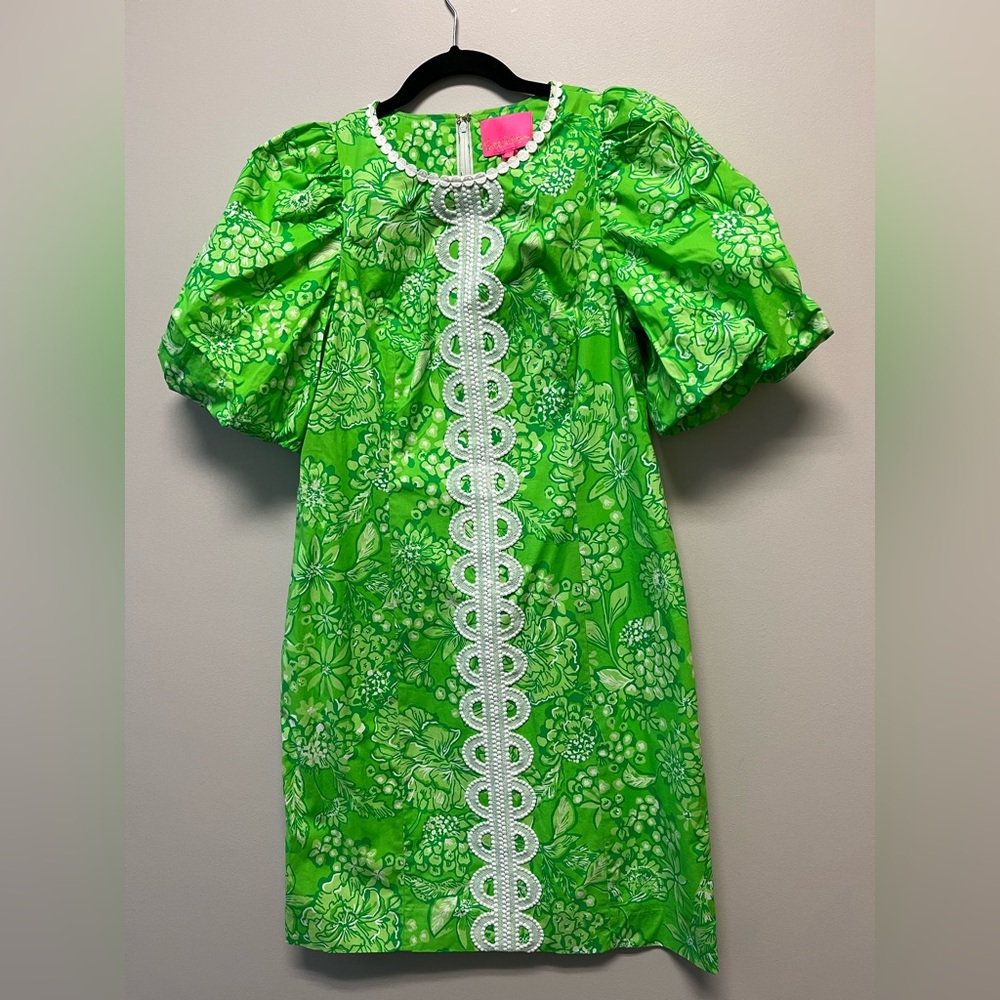 Lilly Pulitzer Alyce Elbow Sleeve Stretch Cotton Shift “Limeade”—Size 10